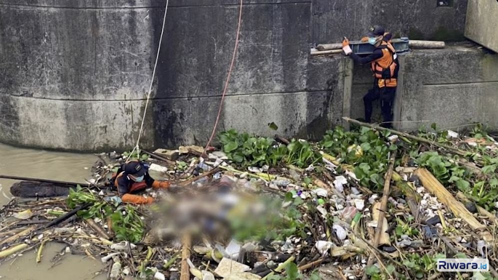 Rescuer Basarnas mengevakuasi jasad Mbah Sakun yang ditemukan di tumpukan sampah di Bendung Gerak Serayu